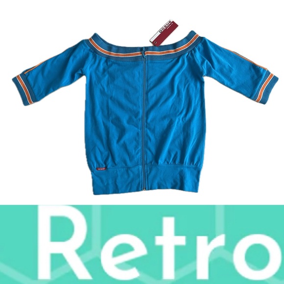 🆕Retro-Style Zip-Up 3/4 Sleeve Shirt | Turquoise | Orange/White Ribbing | Small - Picture 4 of 16